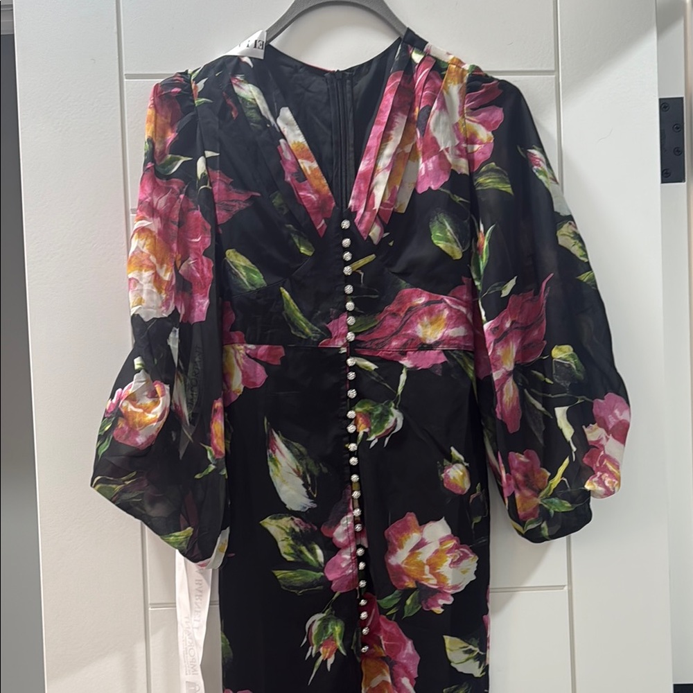 Floral Black Dress with Pink and Green Accents